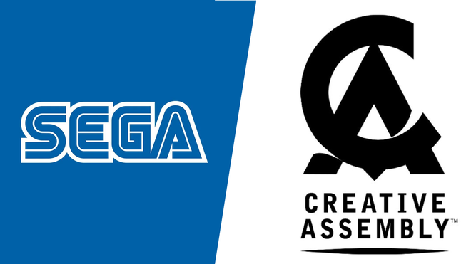 blue sega logo on left with black creative assembly logo on right