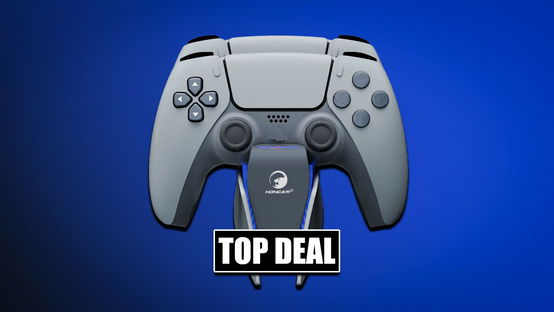 A grey charging stand with two grey PS5 controllers connected to it in front of a dark blue background.
