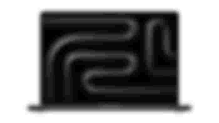 MacBook Pro (2023) product image of a thin dark grey laptop with a 3D black and grey curved pattern on the display.