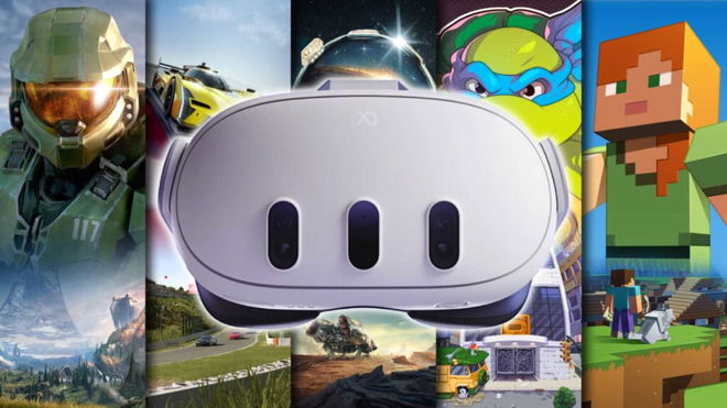 Meta Quest 3 against a backdrop of Xbox games like Halo, Minecraft, and Starfield