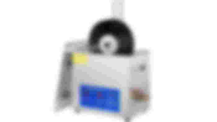 Happybuy 6L Ultrasonic Vinyl Cleaner Cleaner in silver with a blue sticker on the front and black vinyls inside it.
