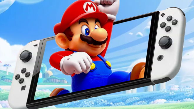 Mario jumping out of the Nintendo Switch in the mushroom kingdom 