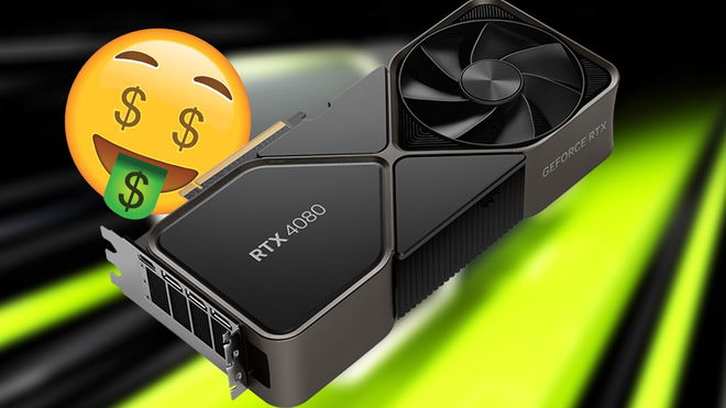 RTX 4080 in front of an Nvidia press image and an emoji with dollar signs for eyes