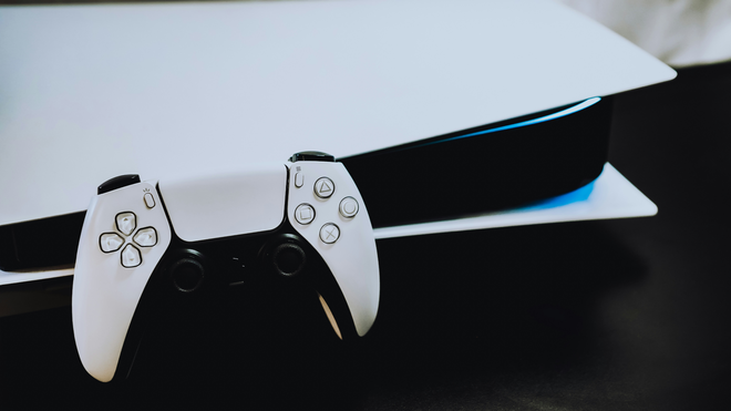 playstation 5 white with white and black controller