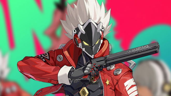 Billy Kid from Zenless Zone Zero holding his pistols in front of a blurred ZZZ background