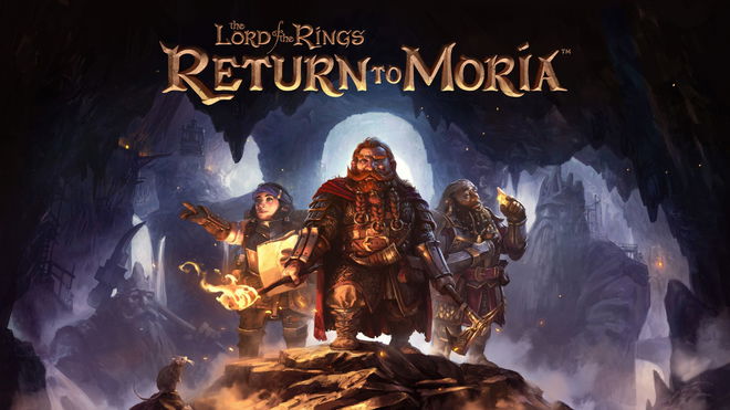 The title image for The Lord of the Rings: Return to Moria, showing the main dwarf characters