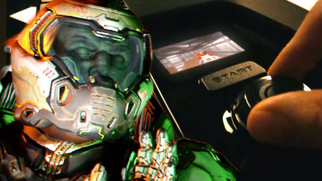 Doom guy doing the peak meme pose while someone plays the Doom lawnmower port on a Husqvarna