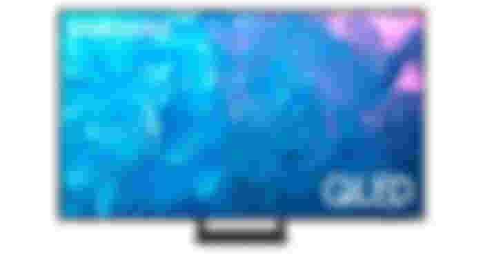Samsung QLED Q70C product image of a black TV featuring a blue watery pattern on the display.