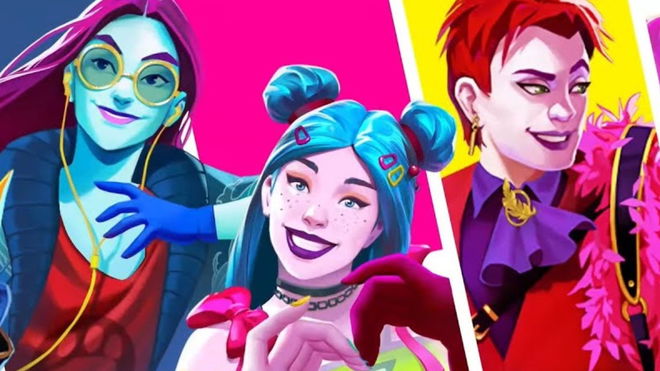 Three Just Dance VR characters posing in a colourful background 