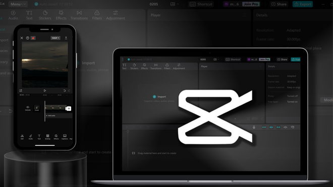 Image of a mobile phone and a laptop with the CapCut logo