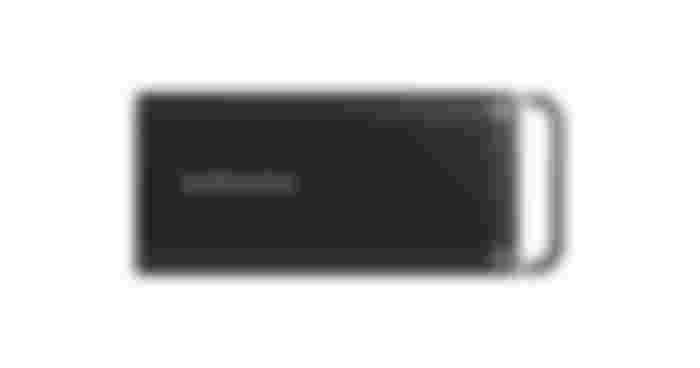 Samsung T5 EVO product image of a black rubber portable SSD with grey Samsung branding on top.