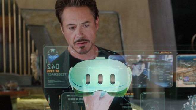 Iron man holding an AR Meta Quest 3 headset
