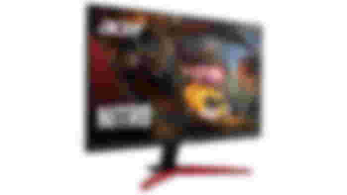 Acer Nitro KG241Y Sbiip product image of a black monitor with a red base and an image of a dragon breathing fire on the display.