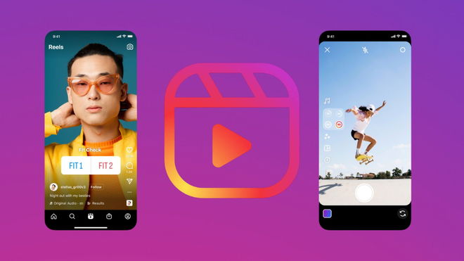Instagram Reels logo in front of a gradient background and in-between two Instagram Reels posts on either side