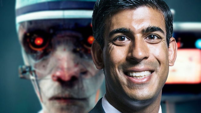 UK prime minister Rishi Sunak smiling on top of an evil looking robot worker Doctor in the NHS