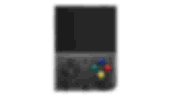 Miyoo Mini+ product image of a black retro handheld console with blue, red, yellow, and green buttons on the right.