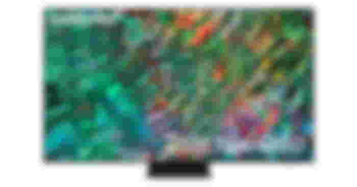 Samsung QN65QN90B product image of a black near-frameless TV with a green watery pattern on the display with pops of orange and pink.