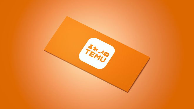 A voucher with an orange background. The Temu logo sits in the middle.
