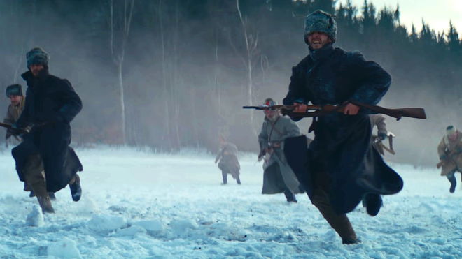 Last Train Home - soldiers running through snow carrying rifles