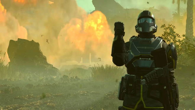 Helldivers 2 "Servers at capacity" - An image of a character from the game with fire in background