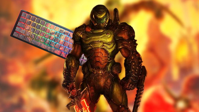 Doom Guy in front of a Doom Eternal background and a Ducky x Doom keyboard
