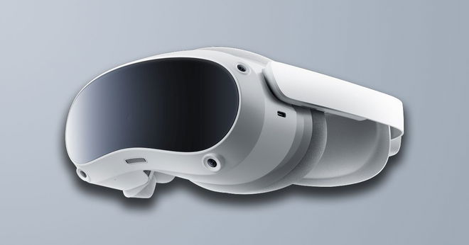 A white VR headset with a black front panel in front of a light gray/blue background.