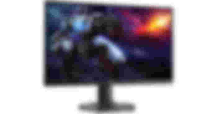 Dell G2724D product image of a black monitor with a large grey robot with weapons on a planet with an orange explosion in space in the background on the display.