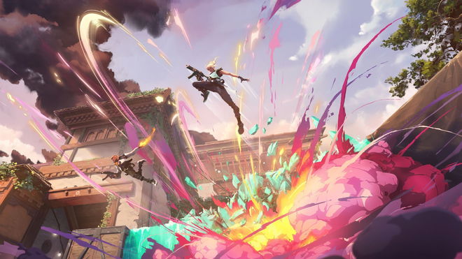Valorant agents jumping off from a building in Haven. 
