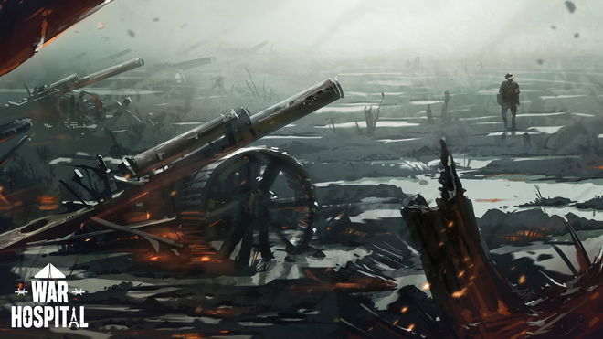 war hospital battlefield with soldier and a single canon