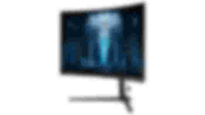 Samsung Odyssey Neo G8 product image of a curved black gaming monitor with a Sci-Fi scene on the display.