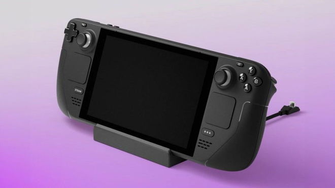 A Steam Deck attached to a black docking station in front of a gradient purple background.
