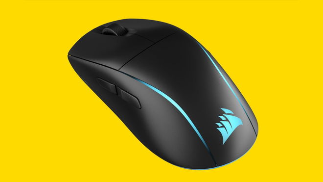 Corsair M75 Wireless mouse in front of a bright yellow background