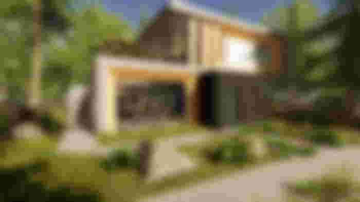House Flipper 2 - a modern house with a winding path through the garden, surrounded by trees
