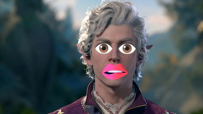 Baldur's Gate 3 character Astarian with cartoonishly exaggerated eyes and lips