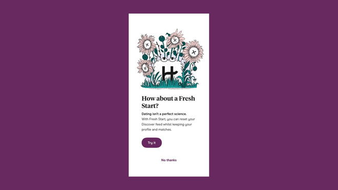 An image of the in-app option to reset Hinge and get a fresh start