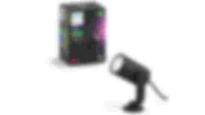 Philips Hue Lily product image of a black outdoor light next to its box.