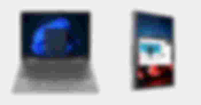 Lenovo ThinkPad X1 Yoga product image with a silver laptop open on one side, while the other side has a the same laptop folded in half.