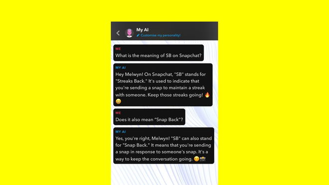 A screenshot of a conversation with Snapchat AI about the meaning of "SB"