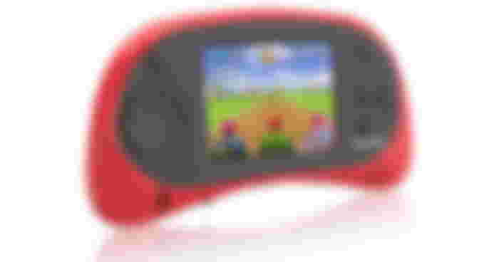 E-MODS GAMING handheld console in red with a karting game on the screen.