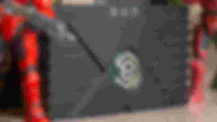 The XBHD adapter on a faux marble counter