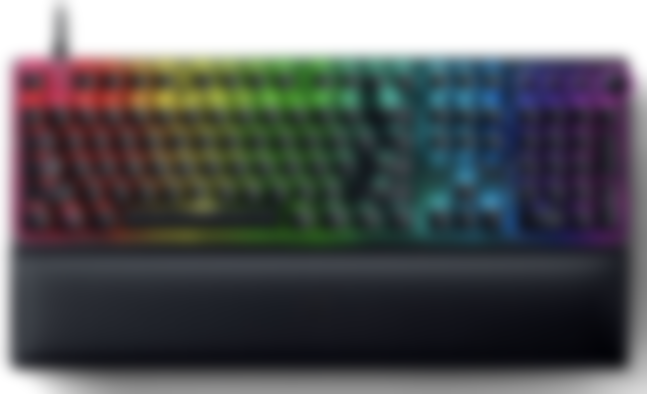 Razer Huntsman V2 product image of a black keyboard with multicoloured backlit keys featuring a wrist rest module.