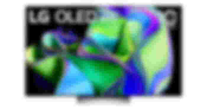 LG C3 product image of a silver TV with a near-framless black edge, featuring a green, blue, and purple wavy pattern on the display.
