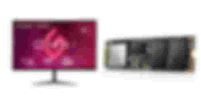A ViewSonic monitor with a pink and red background on the display next to a black and gold Adata SSD.