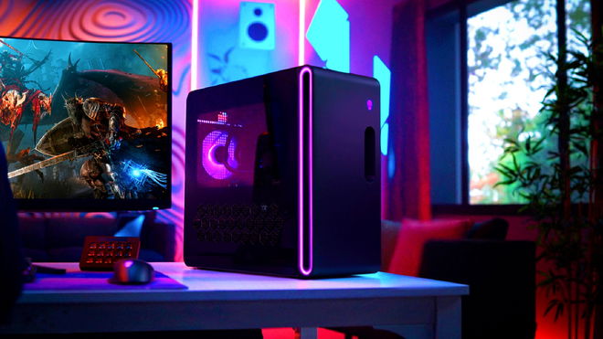 An Alienware Aurora R16 in a room filled with LED lights