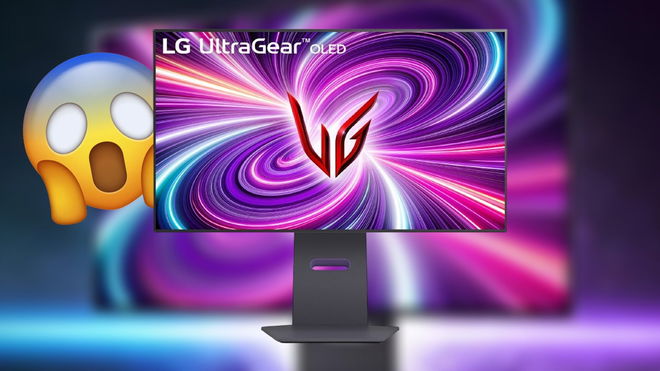 LG new OLED monitor with Dual Mode in front of a gasping emoji