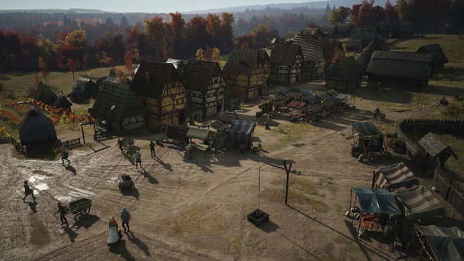 Manor Lords horses: A bustling trade town with several market tents at the center and villagers trading.