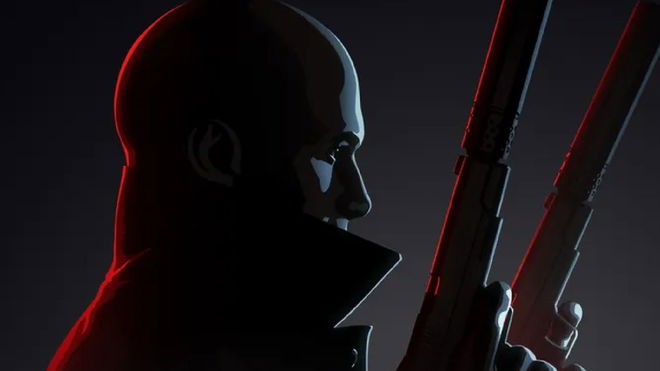 Agent 47 from Hitman 3 VR Reloaded key art holding two suppressed pistols in shadowy lighting