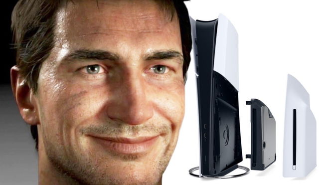 Uncharted Nathan Drake’s meme face reacting to the PS5 Slim Disc drive add on 