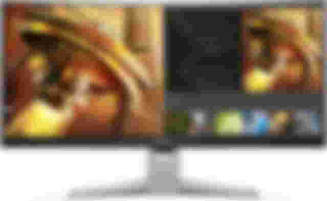BenQ EX3501R product image of a silver and black wide monitor with split-screen tasks on the display, with a golden spaceship on the left.