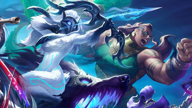 Heroes in League of Legends key art pouncing towards the right